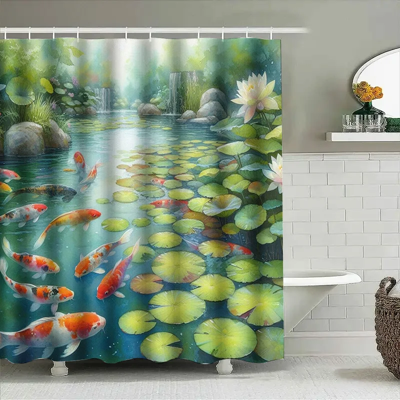 활기찬 물고기 샤워 커튼 연꽃 연못 장면 욕실 장식을위 - Aquarium Fish Koi 리뷰 및 가격